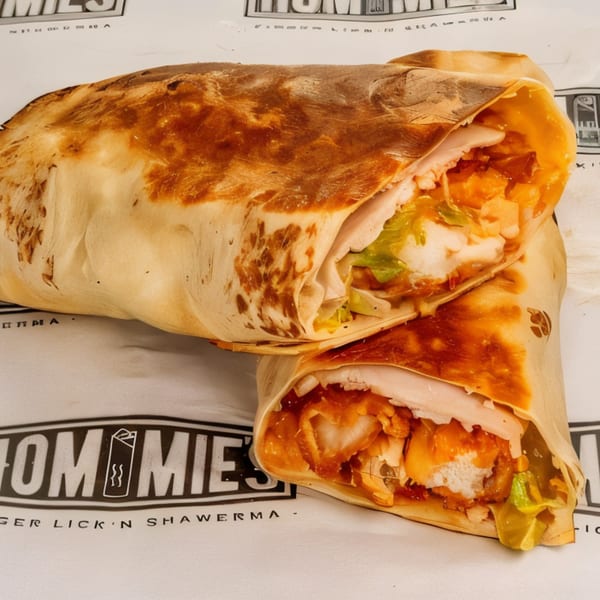 Two Hommies Shawarma wraps, one cut open to reveal chicken, lettuce, and sauce, on branded paper.