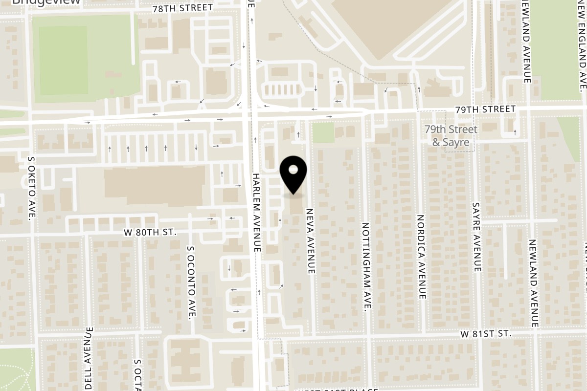 Map showing the location of Hommies Shawarma Chicago, IL on 7925 S Harlem Ave in Burbank